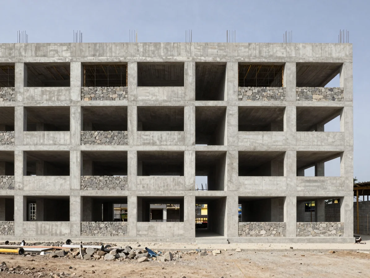 Editorial architectural photograph of a concrete and stone building under construction, natural daylight, clear wide vie