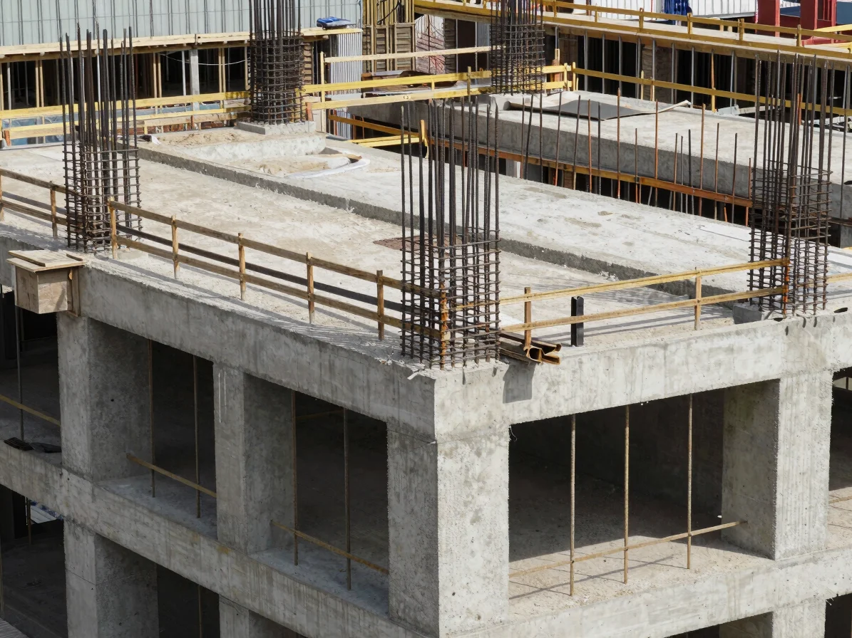 Editorial architectural detail of structural concrete formwork and steel reinforcement on a building site, natural dayli