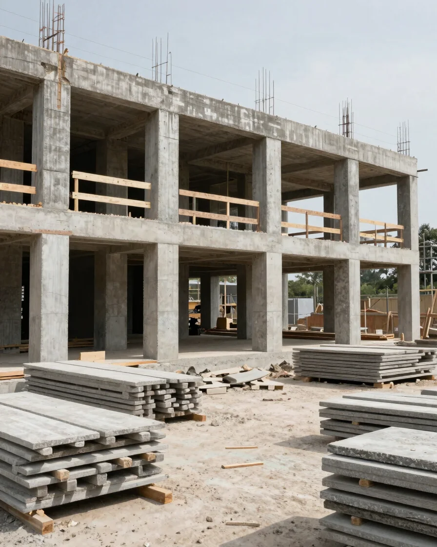 Editorial architectural photograph of a building under construction, natural daylight, neutral concrete and stone materi