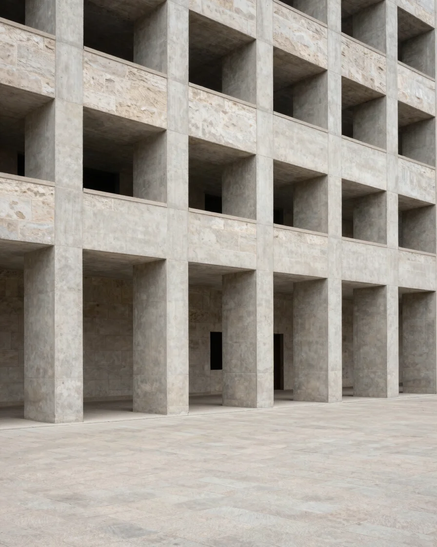 Wide editorial architectural view of a completed concrete and stone building in natural daylight, neutral material tones