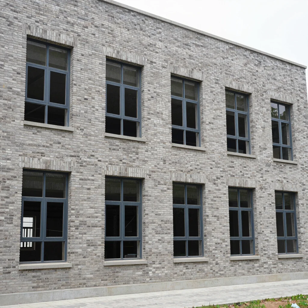 Completed building exterior with clean brick facade and steel window framing, wide view, overcast natural daylight, 35mm