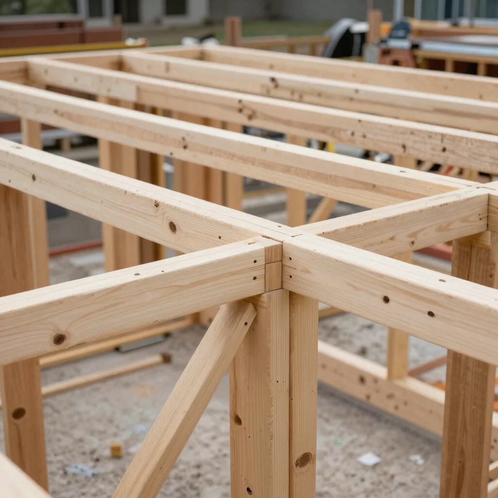 Close detail of a timber framing structure with precise joints on an active worksite, natural daylight, neutral wood ton