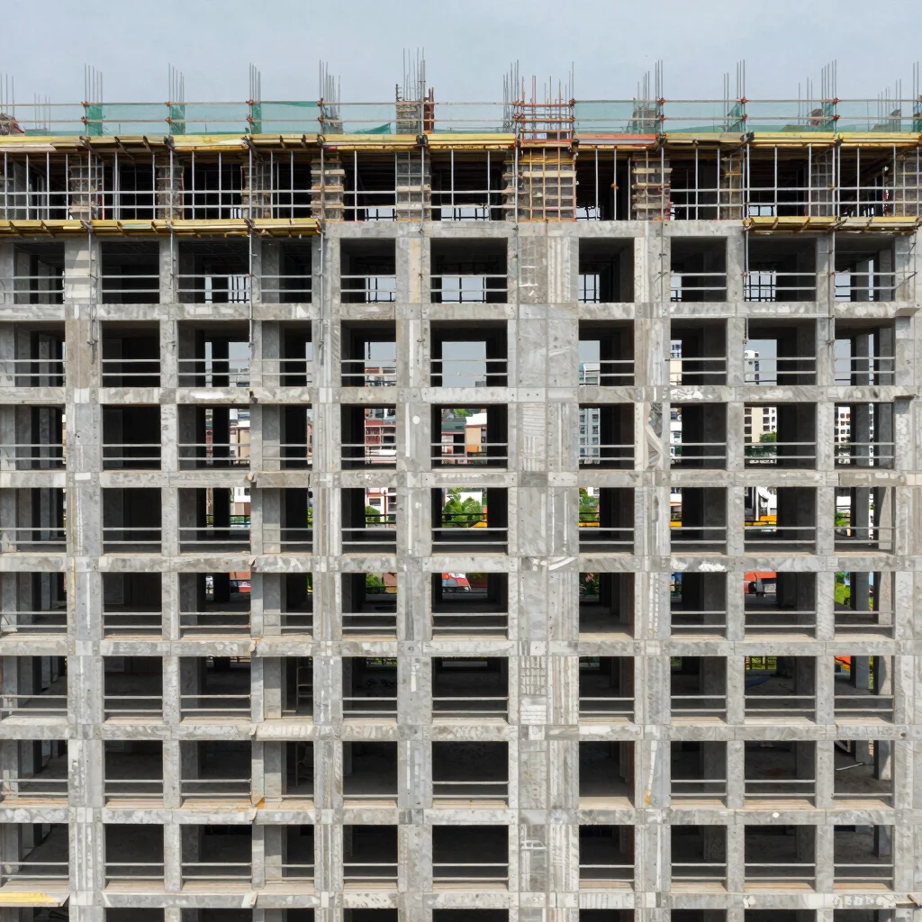 Wide view of a multi-storey building in progress with scaffolding and exposed floor slabs, natural daylight, 35mm lens