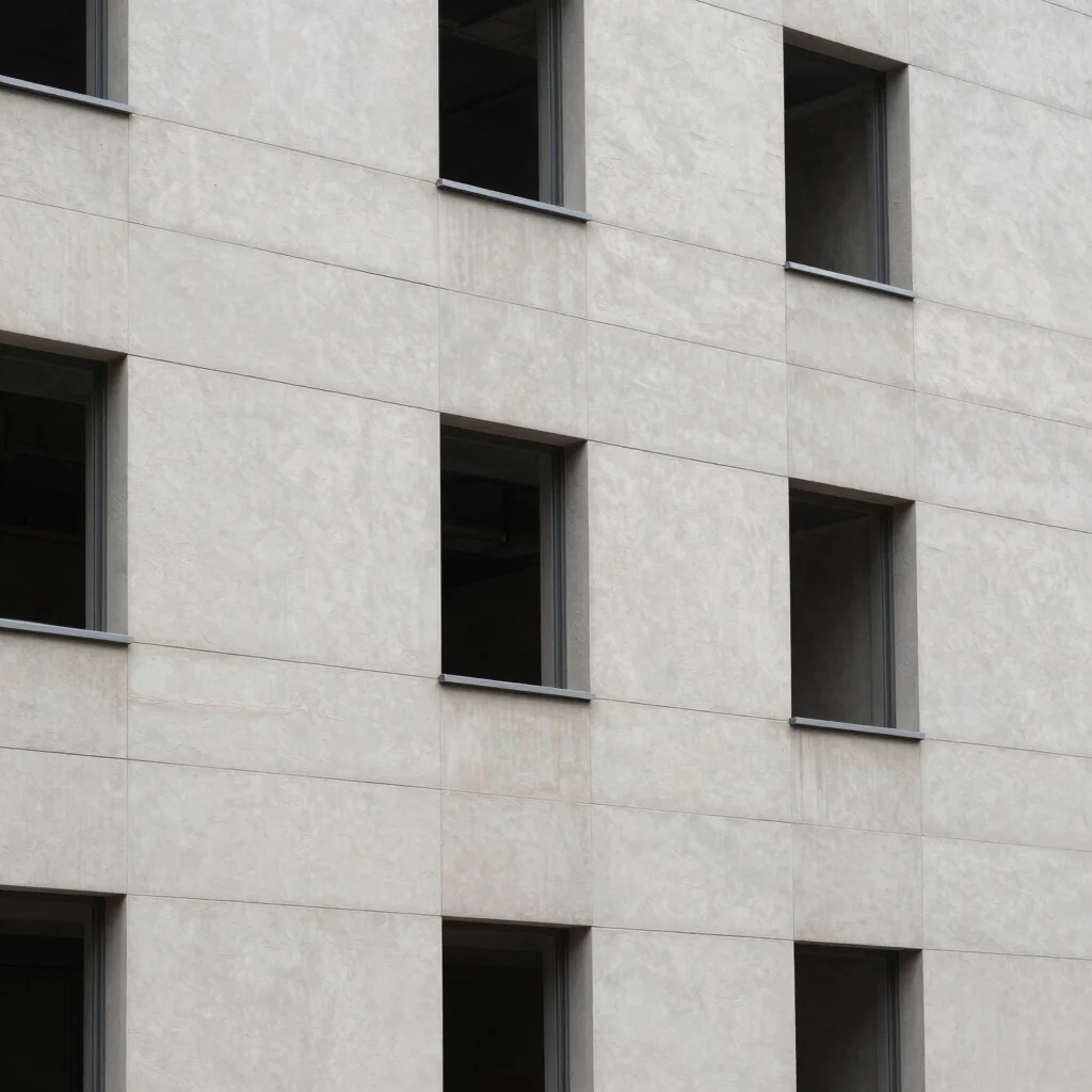Close detail of cladding panels and window openings on a completed elevation, natural daylight, neutral material tones,