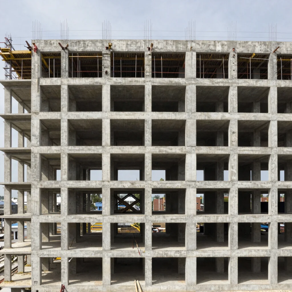Editorial architectural photograph of a concrete frame building under construction, wide view, natural daylight, neutral